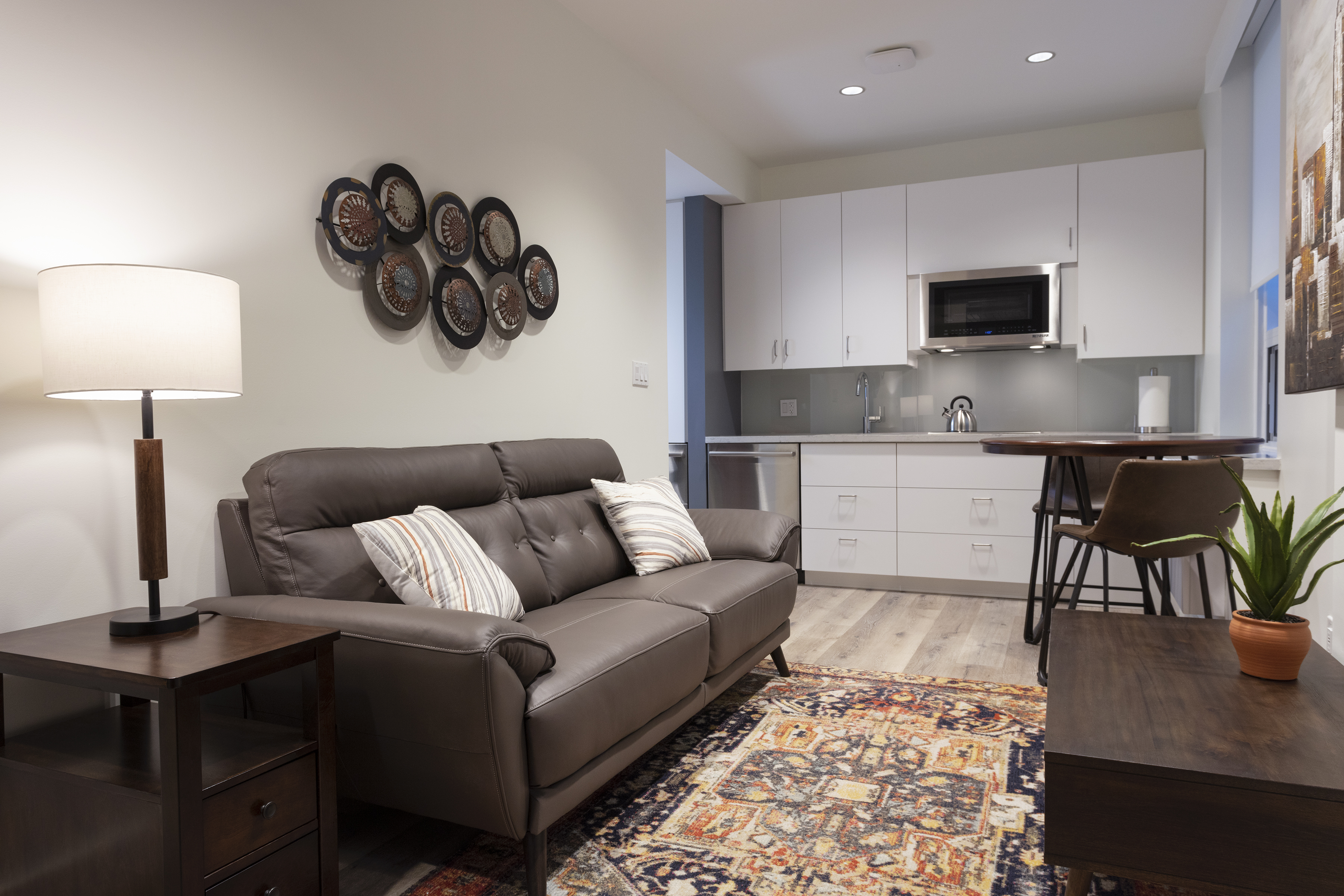 The Mulberry living room and kitchenette